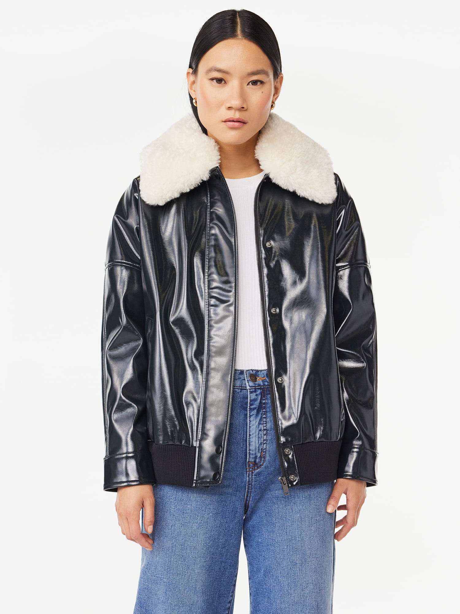 Scoop Womens Oversized Faux Leather Jacket w/ Faux Fur Collar Black $8.73 Free Shipping w/ Walmart or on $35