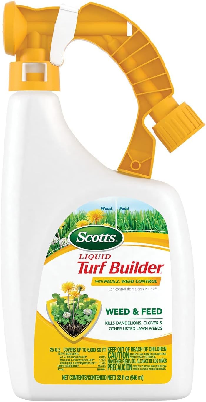 Scotts Liquid Turf Builder with Plus 2 Weed Control, Liquid Weed Killer and Fertilizer, 32 fl. oz $15.99 Amazon