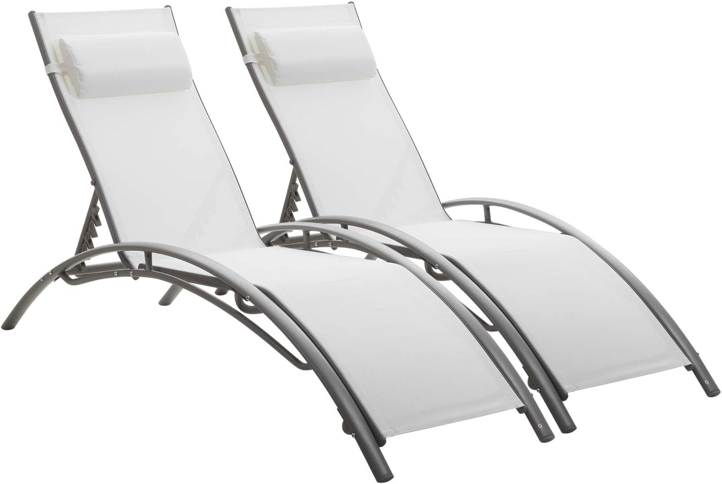 Set of 2 Aluminum Patio Chaise Lounge Chairs w/ 5 Adjustable Positions, Armrests Removable Headrest Pillows White or Gra