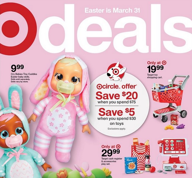 Starts March 24 Target Circle Coupon Offer on Toys $20 Off $75 or $5 Off $30 Exclusions Apply via Target