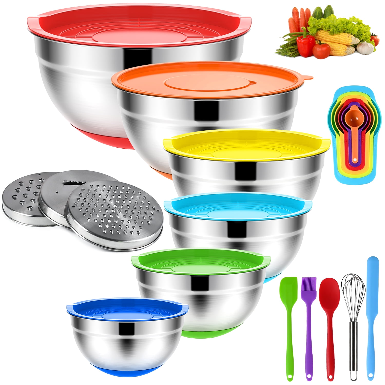 TINANA Mixing Bowls with Lids 20 Pcs Stainless Steel Mixing Bowls Set with Rubber Bottom, 7, 4, 3.5, 2.5, 2, 1.5QT Metal