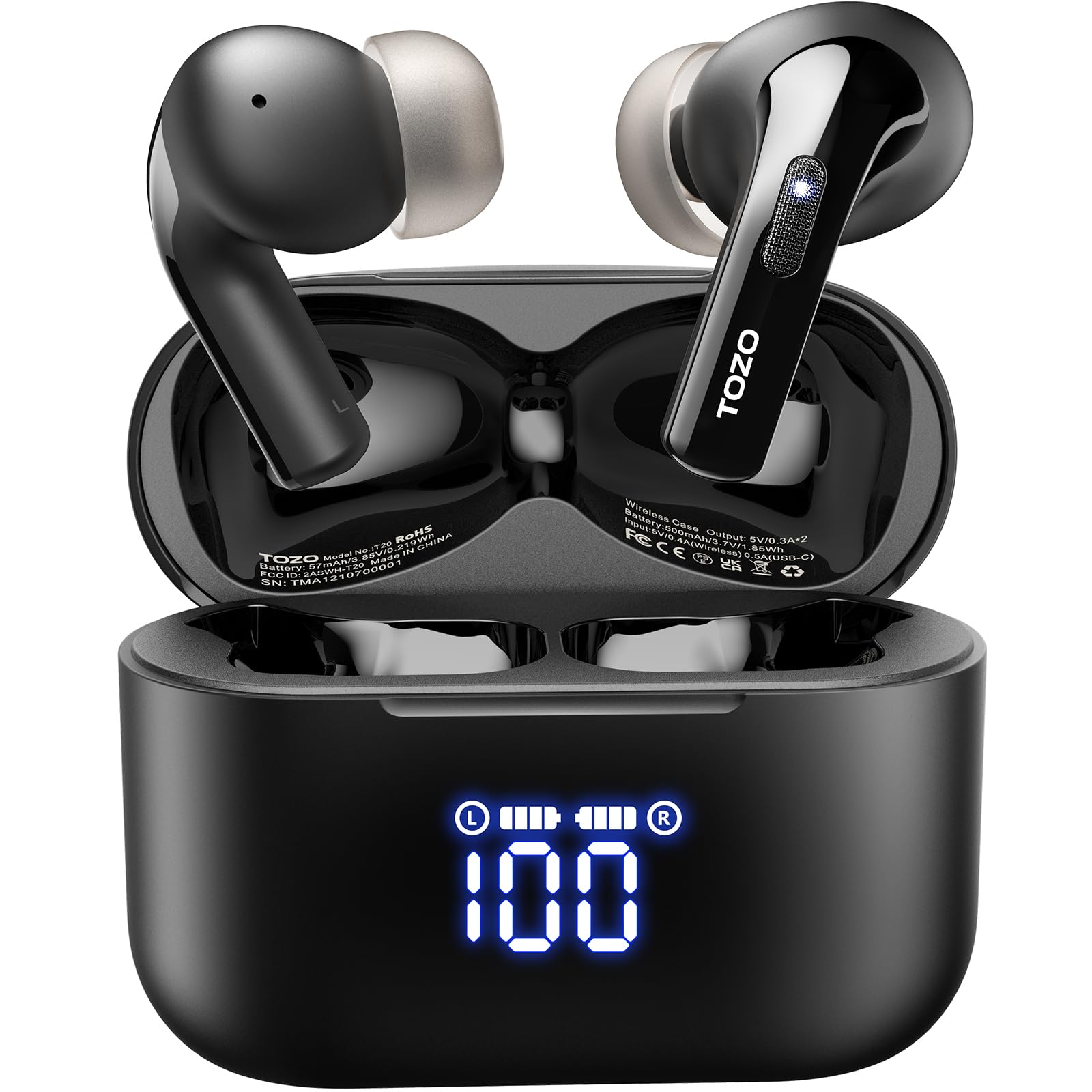TOZO T20 Wireless Earbuds Bluetooth Headphones 48.5 Hrs Playtime, IPX8 Waterproof, Dual Mic Call Noise Cancelling with W