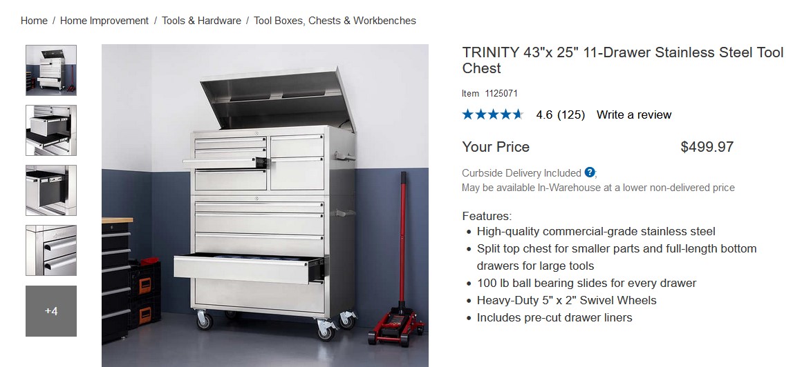 TRINITY 43 x 25 11-Drawer Stainless Steel Tool Chest $499.97