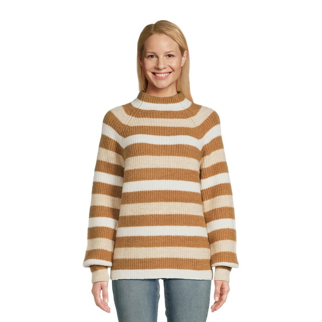 Time and Tru Womens Stripe Funnel Neck Mid-Weight Sweater Brown Acorn $5.93 Free Shipping w/ Walmart or on $35
