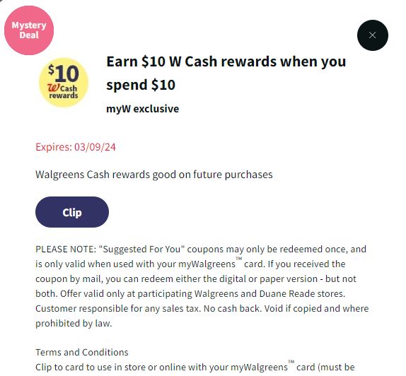 Walgreens Spend $10, Earn $10 Walgreens Cash Reward Back Expires 3/9 3/16 YMMV