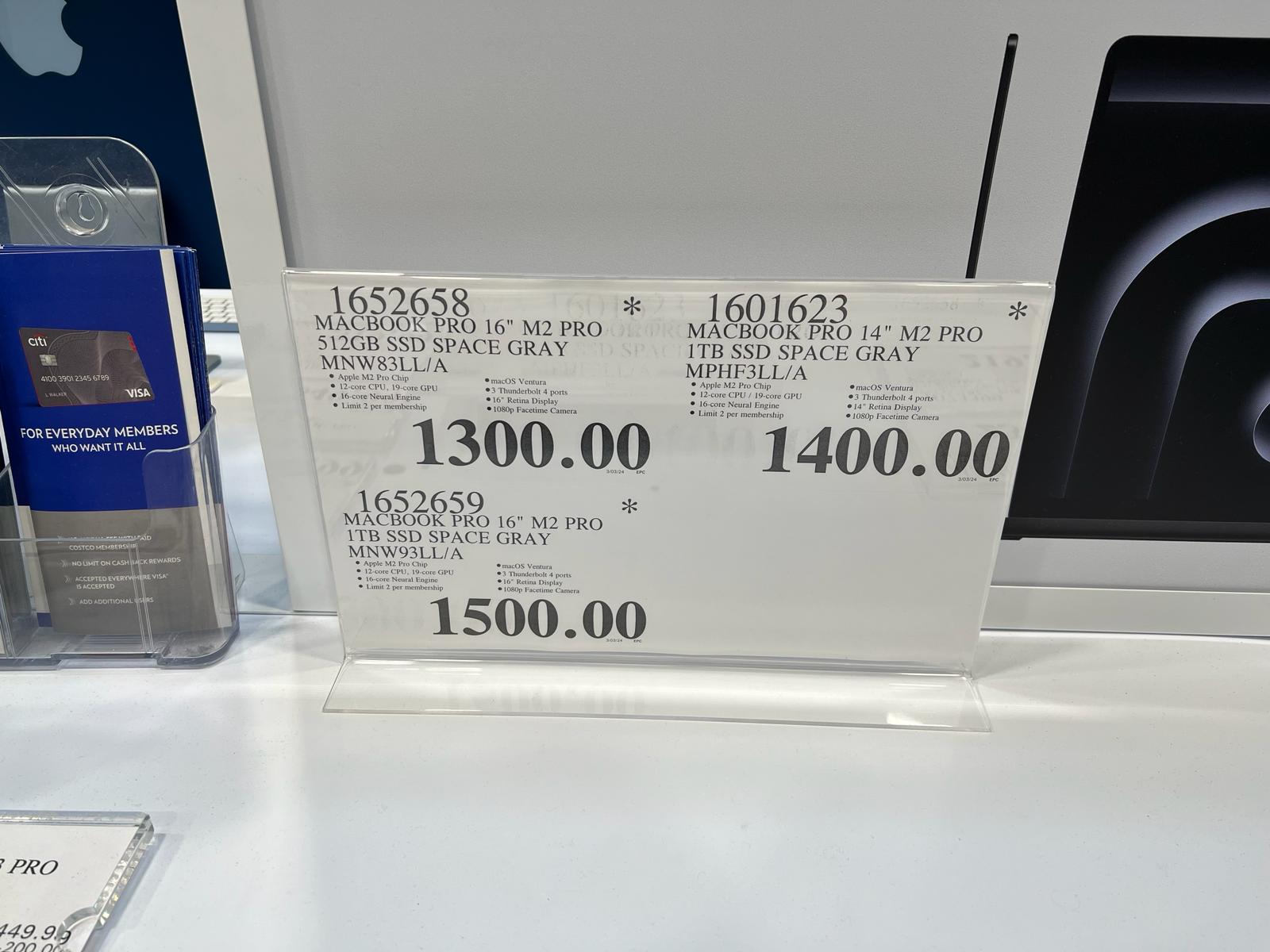 YMMV 16 and 14 Apple MacBook Pro M2 PRO 512GB 1 TB - Costco $1300