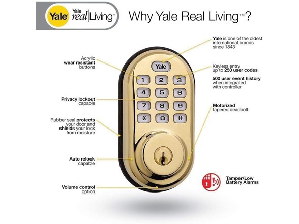 Yale Security Electronic Push Button Deadbolt Fully Motorized with Zwave Technology, Polished Brass - Door Dead Bolts - 