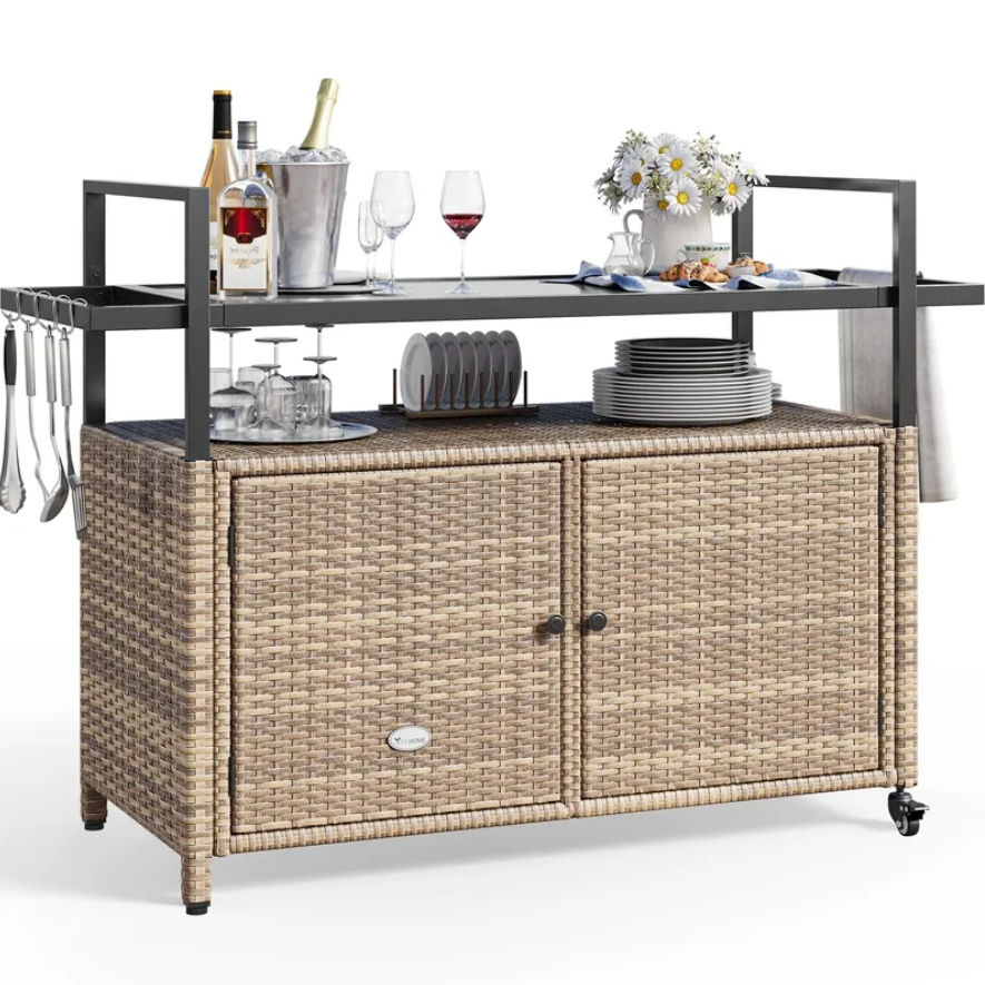 Yitahome 51 Outdoor Patio Wicker Bar/Grill Cart w/ Black Glass Table Top Storage $109 Free Shipping